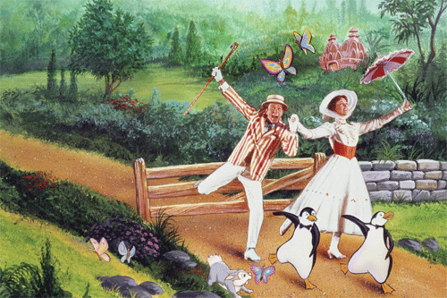 Mary Poppins and Bert dancing with animated penguins