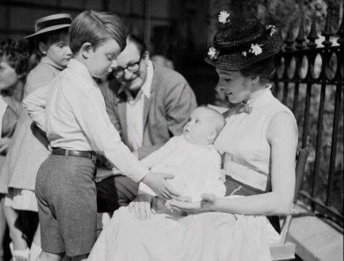 Julie Andrews introducing her daughter to Matthew Garber, who plays Michael Banks, on the set of Mary Poppins